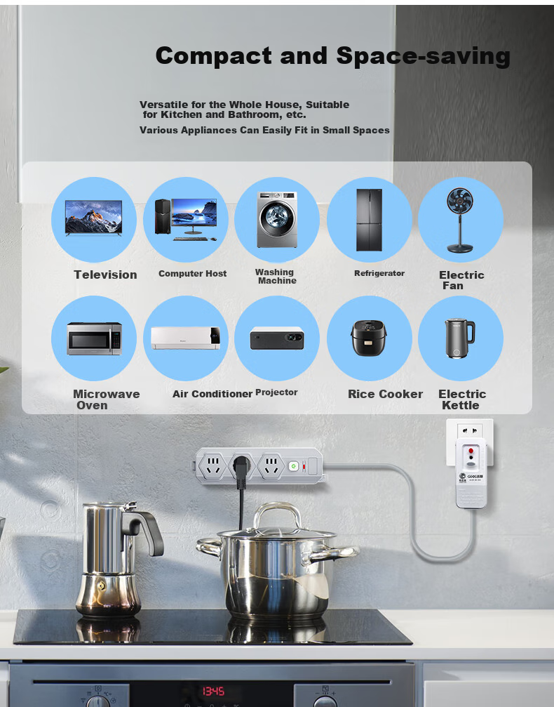 JS JISHUN Leakage Protector, College Dormitory Power Strip, Extension Cord, Socket Board, 10A Power Strip, Can Be Wall-Penetrating, Kitchen And TV Cabinet Companion, Master Control, 1.8 Meters 5