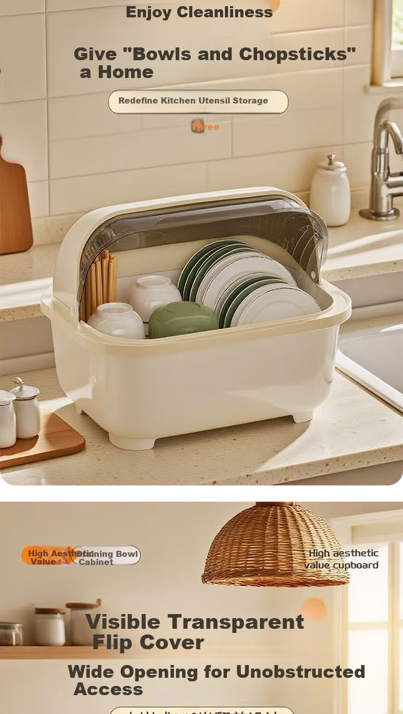 Bainianzhenghe Bowl And Chopstick Storage Box, Draining Bowl Rack, Dish Storage Shelf, Kitchen Bowl Cabinet with Lid, Large Bowl And Plate Storage Container 4
