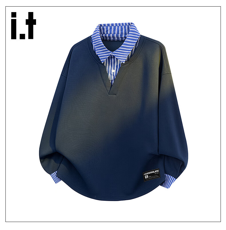 :CHOCOOLATE it Shirt Collar Fake Two-Piece Sweatshirt for Men, Autumn New Loose Long-Sleeve Polo Shirt T-Shirt Trendy, Navy Blue, XL 14