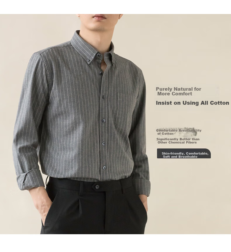 BLACKMONDAY Premium Pure Cotton Brushed Striped Long-Sleeve Shirt for Men, All-Cotton Wrinkle-Resistant No-Iron Business Casual Dress Shirt 3