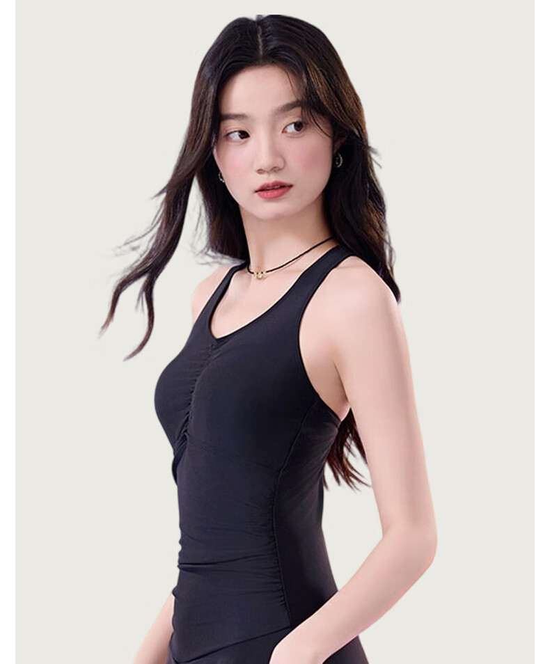 LangSha Women's Black One-Piece Swimsuit Skirt Slim Fit High Elasticity Conservative Anti-Exposure Beach Hot Spring Wear 16