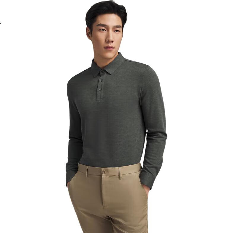 YOUNGOR [Machine Washable Wool] Heat-Retaining Men's Autumn Winter Long-Sleeve Wool Lapel Polo Shirt, Green, L