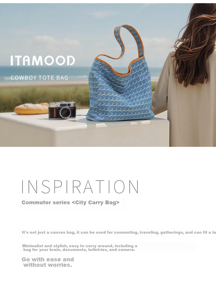 Mood Autumn And Winter Large Capacity Tote Bag for Women, Denim Canvas Lightweight Commuter Shoulder Underarm Bag, Birthday Gift Versatile Blue 2