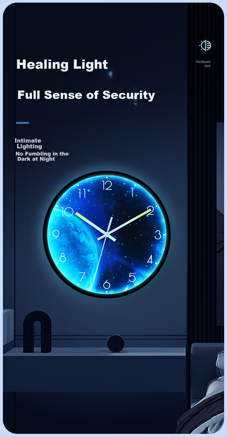 BBA Wall Clock, Creative Night Light, Living Room Wall-Mounted, Home Use Luminous Wall Clock, Bedroom Timepiece, Moon - Ambient Light, 30cm 3