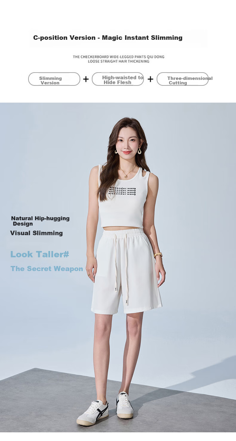 XUEXIMAN Women's Summer Thin Loose Wide-Leg Five-Point Suit Shorts High-Waist A-Line Slim Casual Pants 6