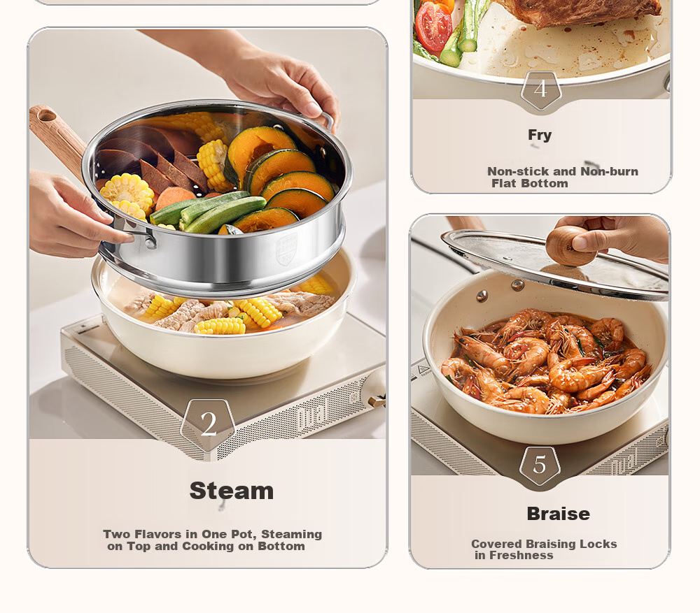 Bear Titanium-Containing Ceramic Wok with Steamer, Non-Stick Coating, Non-Fluorinated, Suitable for Induction And Gas Stoves, 24cm 4