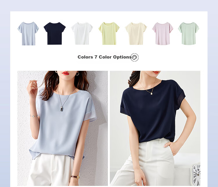 Sentubila Spliced Short-Sleeve Chiffon Blouse for Women, Slimming Tummy-Covering Top, Summer Lightweight Casual T-Shirt, Light Blue, S 2