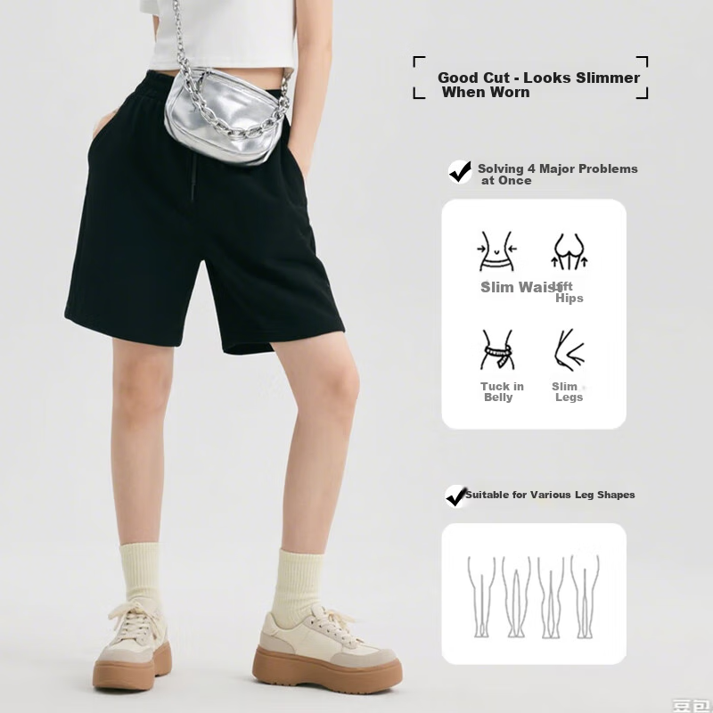 Baleno Women's Shorts, Summer New Style, Pure Cotton, Loose Casual Sports Pants, Ladies' Wear, Elastic Waistband, Slimming Straight-Leg Five-Point Shorts