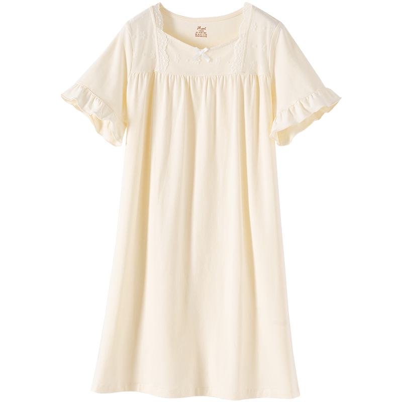 Dingguagua Girls' Summer Nightgown Princess Style Class A Pure Cotton Long Dress Children's Pajamas Homewear Parent-Child Dress Beige 175