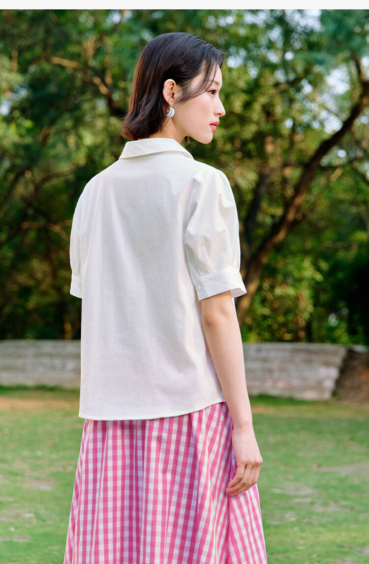 INMAN Commuter Pleated Puff Sleeve Pure Cotton Shirt, Summer Women's Clothing, Turn-Down Collar Embroidered Blouse Top, Light Pink, L 19