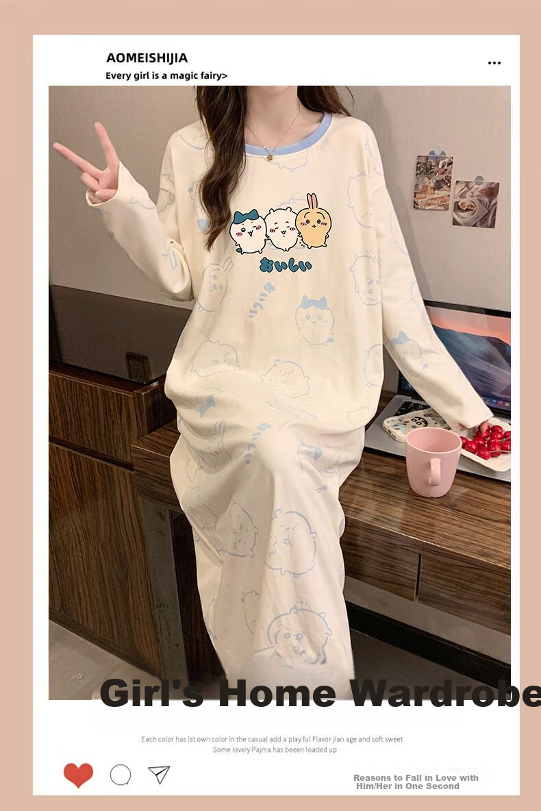 LangSha Pure Cotton Nightgown for Women, Long Sleeve Spring New Cartoon Loose Plus Size Knee-Length Sleepwear, Suitable for Outdoor Wear, Ladies' Pajamas 1