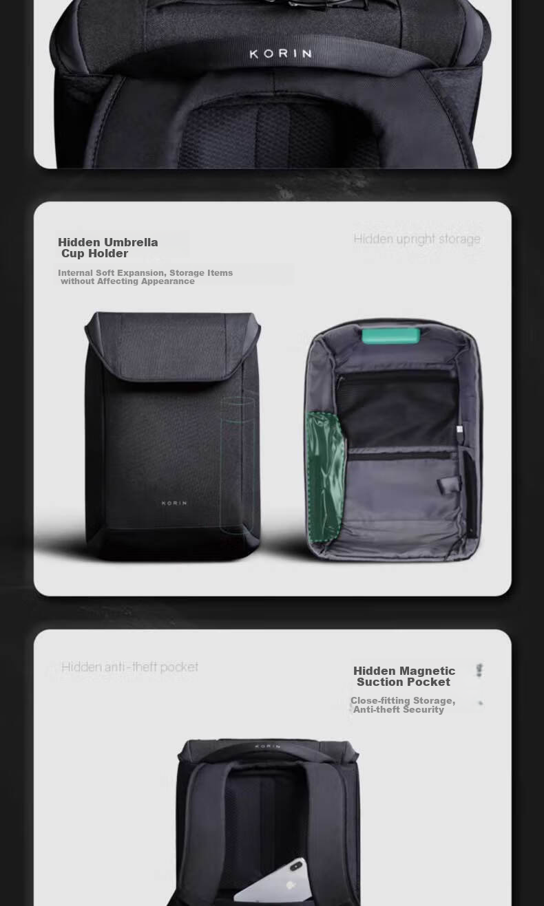KORIN Anti-Cut Laptop Backpack, Large Capacity, Lightweight for Travel And Commuting, Notebook Backpack for Men, Black, Model K7 7