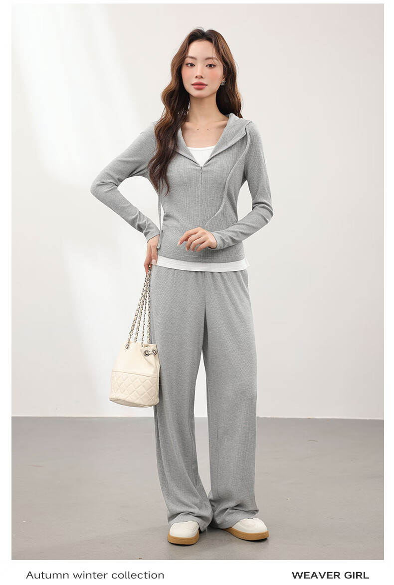 MJ STYLE Shoulderless Faux Two-Piece Women's Set, 2026 Autumn Light Mature Style Korean-Inspired Petite Outfit, Casual Jacket Wide-Leg Pants 4