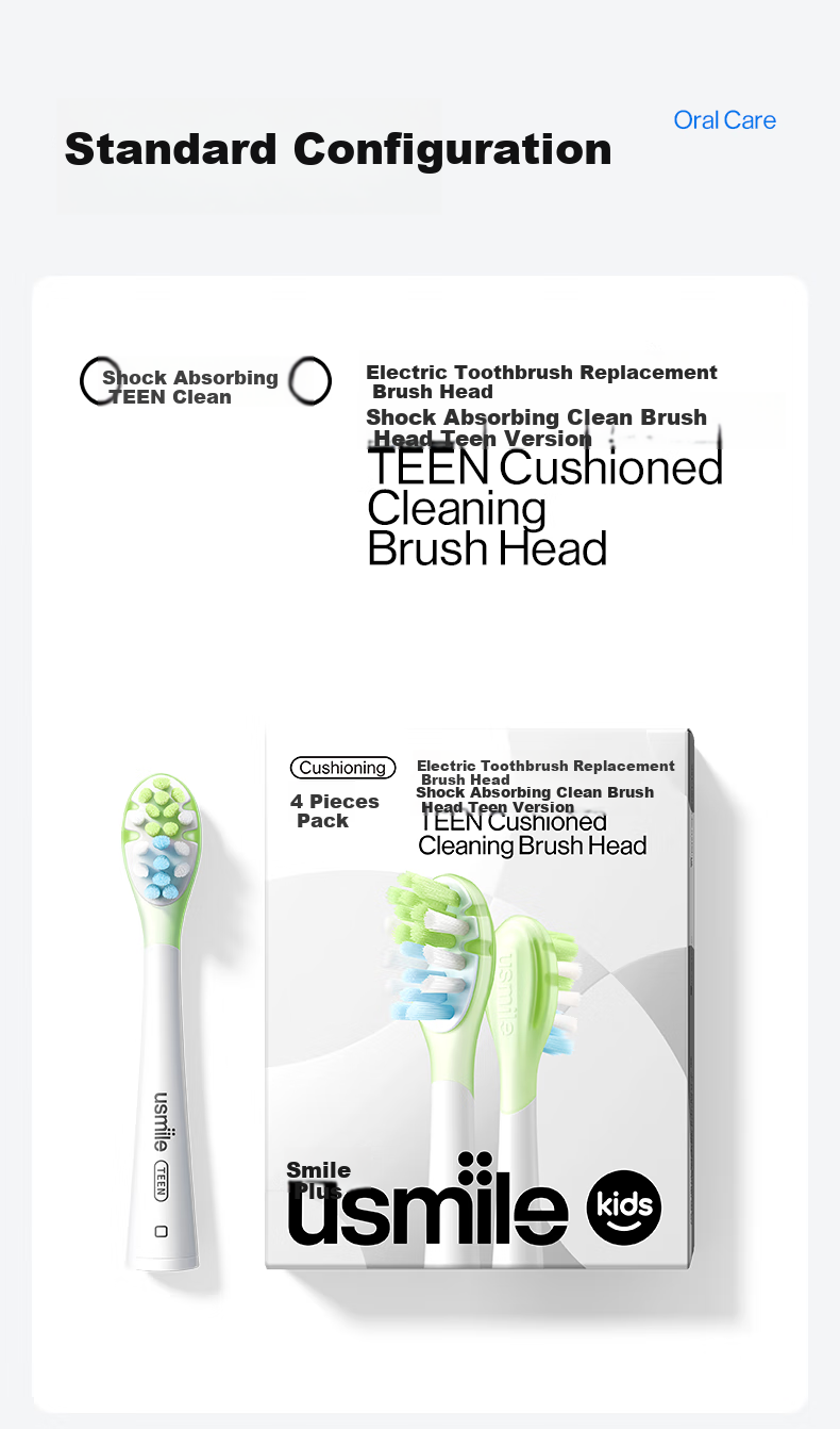 Usmile Electric Toothbrush Replacement Heads for Teenagers, 4 Pack, Extra Strong Anti-Cavity Protection, Compatible with T10 Teen Electric Toothbrush 5