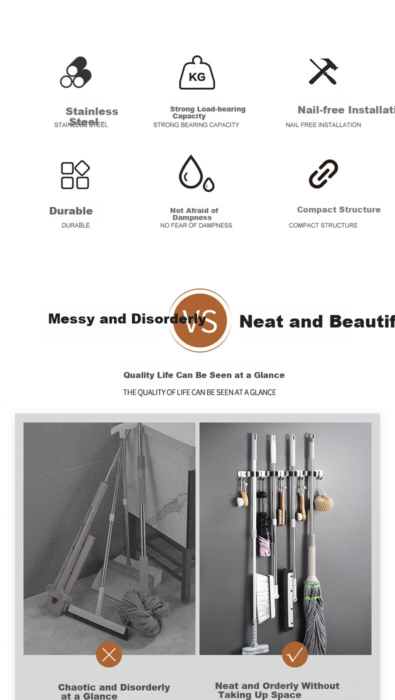 Yagao Stainless Steel Mop Hook [4 Clips 5 Hooks], Bathroom No-Drill Mop Rack with Hooks, Wall-Mounted Mop Clip Row Hooks 2