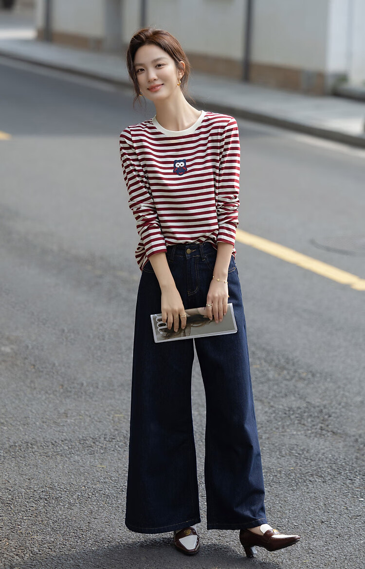 Demna【Striped Liberal】Spring and Autumn Loose Contrast Color Long Sleeve T-shirt Women Cute Patch Embroidery Concealed Flesh Women's T-shirt 5