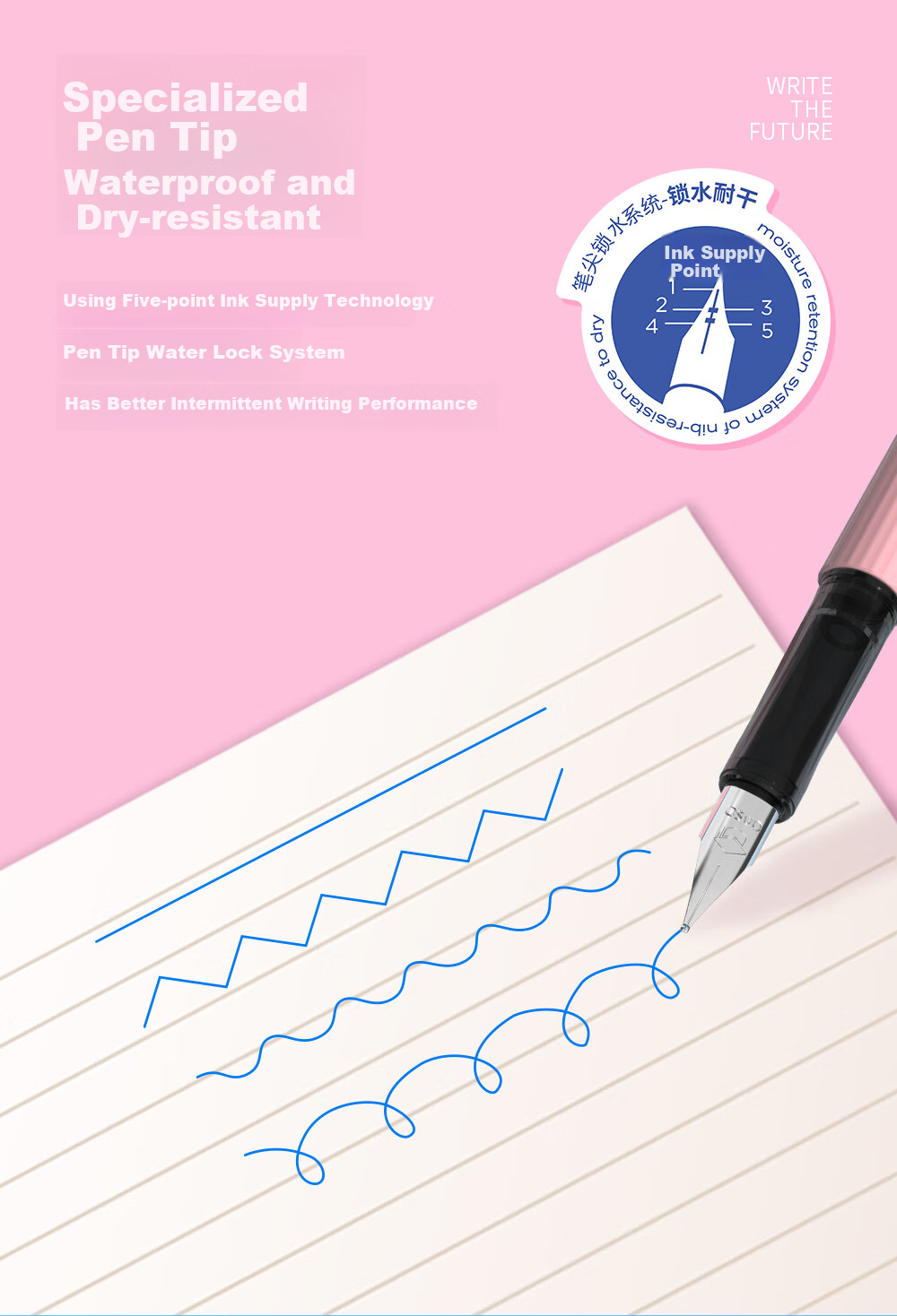 [Back to School Essential] OASO Erasable Fountain Pen for Primary School Students' Posture Correction And Handwriting Practice in Third Grade, Replaceable Ink Cartridge (Cherry Blossom Pink), Blue Erasable Ink Cartridge 3