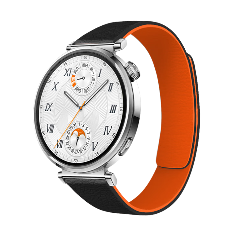 MSSM Compatible Huawei Watch Band for GT6/6pro/5/5pro/watch5/4pro/gt4/3, Magnetic Silicone Strap with Litchi Pattern Sports Wristband [Black with Orange], 18mm