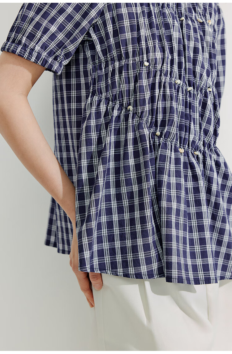 INMAN French Plaid Dress Summer Women's Versatile Puff Sleeve A-Line Skirt Navy Blue S 16