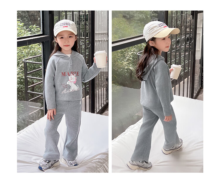 Disney Girls' Set, Children's Hooded Top And Flared Pants, Casual Two-Piece Outfit for Young Kids, Autumn Season, Light Floral Gray, Size 110 8