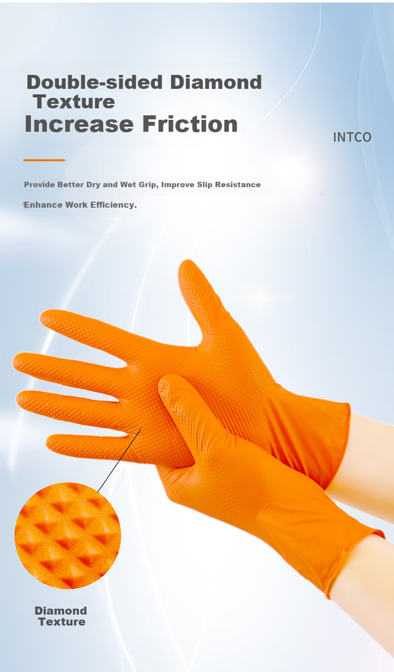 INTCO Diamond Pattern Nitrile Gloves, Extra Thick Durable Work Gloves, Orange, 30 Pieces/box, Size L 2