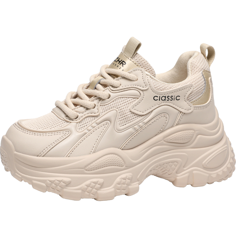ZHR Thick Sole Platform Dad Shoes Women Internal Height Increase Lightweight Spring Autumn Simple Versatile Casual Shoes KS270 Beige Size 38