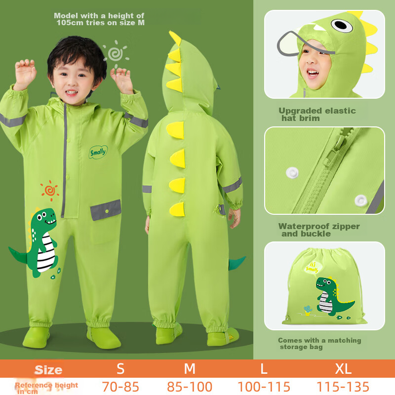 Moremerry Children's Raincoat, One-Piece Suit for Boys, Waterproof Full-Body, for Kindergarten Girls And Toddlers, Moss Green Dinosaur Pattern, XL Size