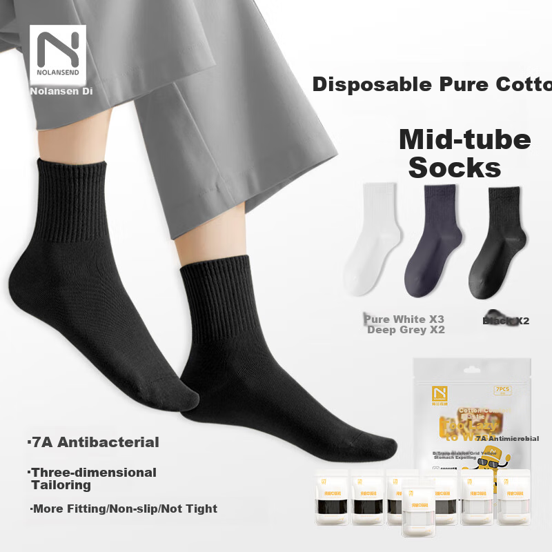 NOLANSEND Disposable Socks for Men, Cotton Mid-Calf, 7A Antibacterial, Daily Wear, No-Wash, 3 White, 2 Gray, 2 Black, 7 Pairs Per Pack