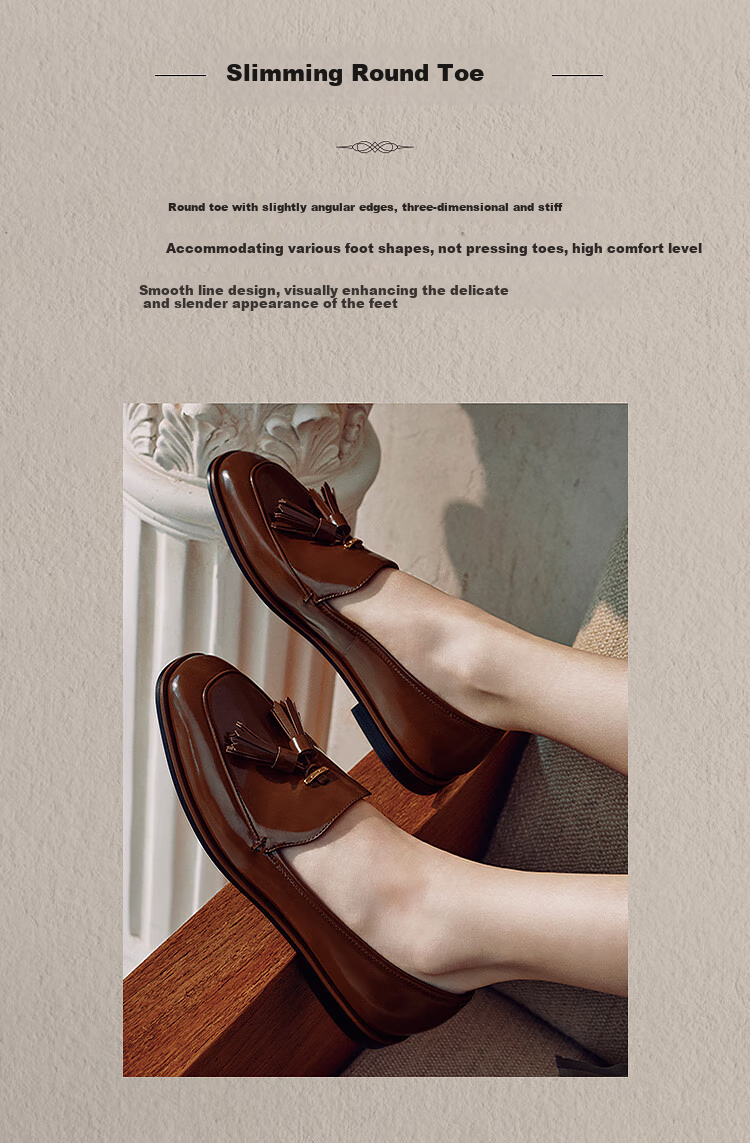 Le Saunda, Qiangdongyue Same Style, Laifu Family Round Toe Comfortable Genuine Leather Loafers Women's 10502, Truffle Black, BKL, 37 4