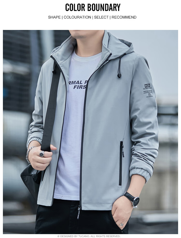 TUCANO Men's Jacket Spring Autumn Detachable Hood Outdoor Versatile Printed Sports Comfortable Top Light Gray 5XL 19
