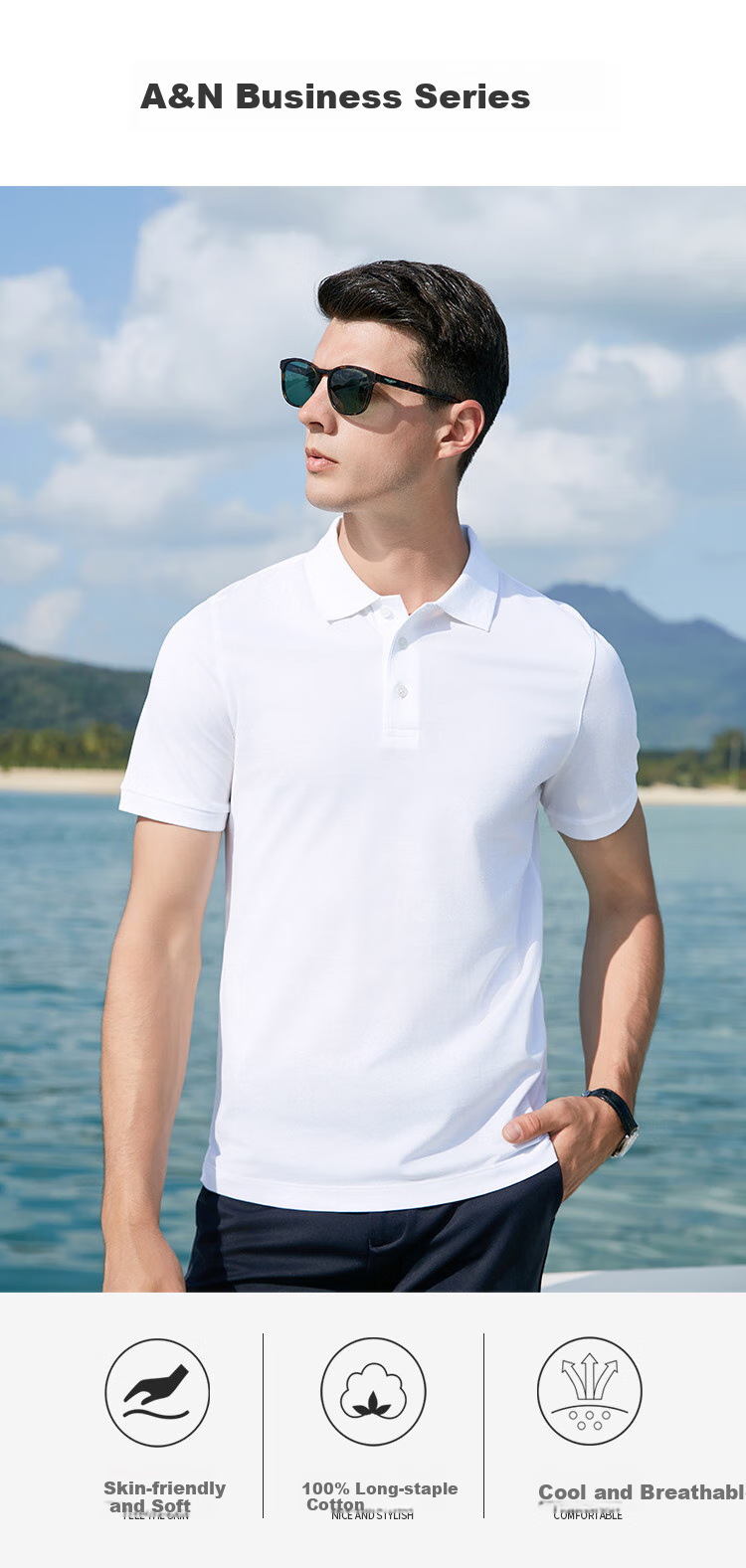 Andongniao [Double-Thread 100% Cotton] Men's High-End Polo Shirt, Smooth Short-Sleeve Summer Lightweight Luxury Collared Breathable Pique T-Shirt 1