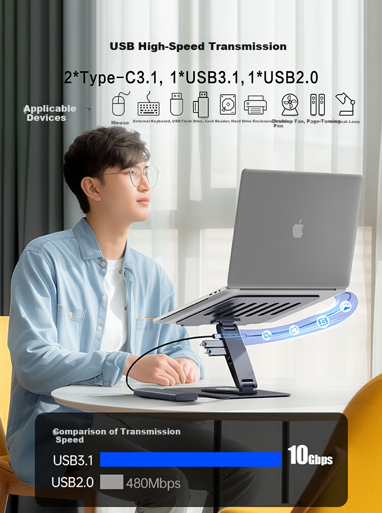 Hanzichen Laptop Stand with 12-Port Type-C Hub, Dual 4K 60Hz HD Screen Mirroring, PD100W Power Supply, USB3.1 Data Transfer, Gigabit Ethernet Port, Aluminum Alloy Vertical Stand 8