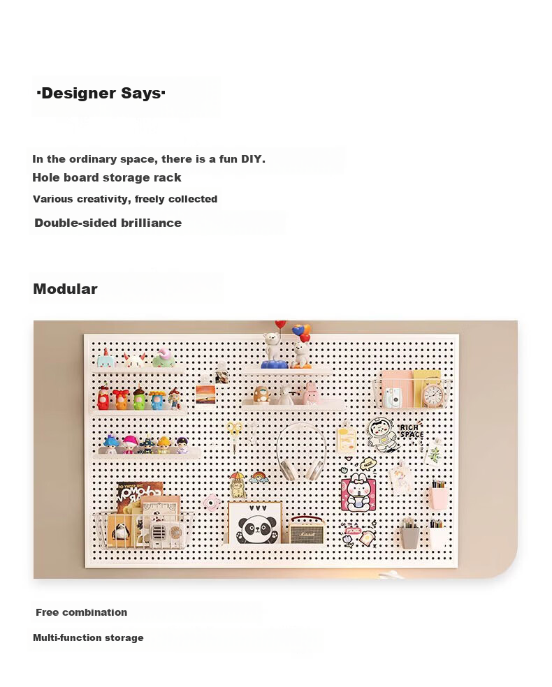 XIAOJIANGCAI Pegboard Wall Storage Rack, No Drilling Required, Dorm Living Room Wall Hardware Tool Display Storage Shelf, 40*60 White 3