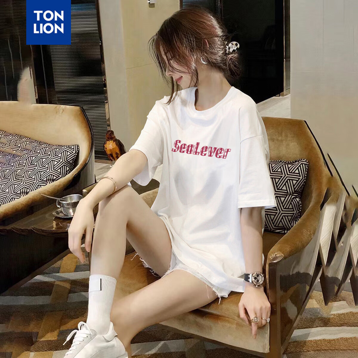 TonLion 2025 Summer Women's Front Chest Letter Print Round Neck Short-Sleeve T-Shirt, White, M