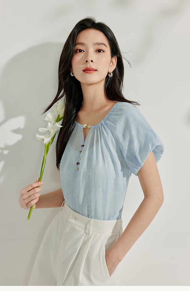 Inman French Style Ramie Cotton Lantern Sleeve Shirt Summer Women's Casual Design Lazy Short Sleeve Top Light Blue XL 14
