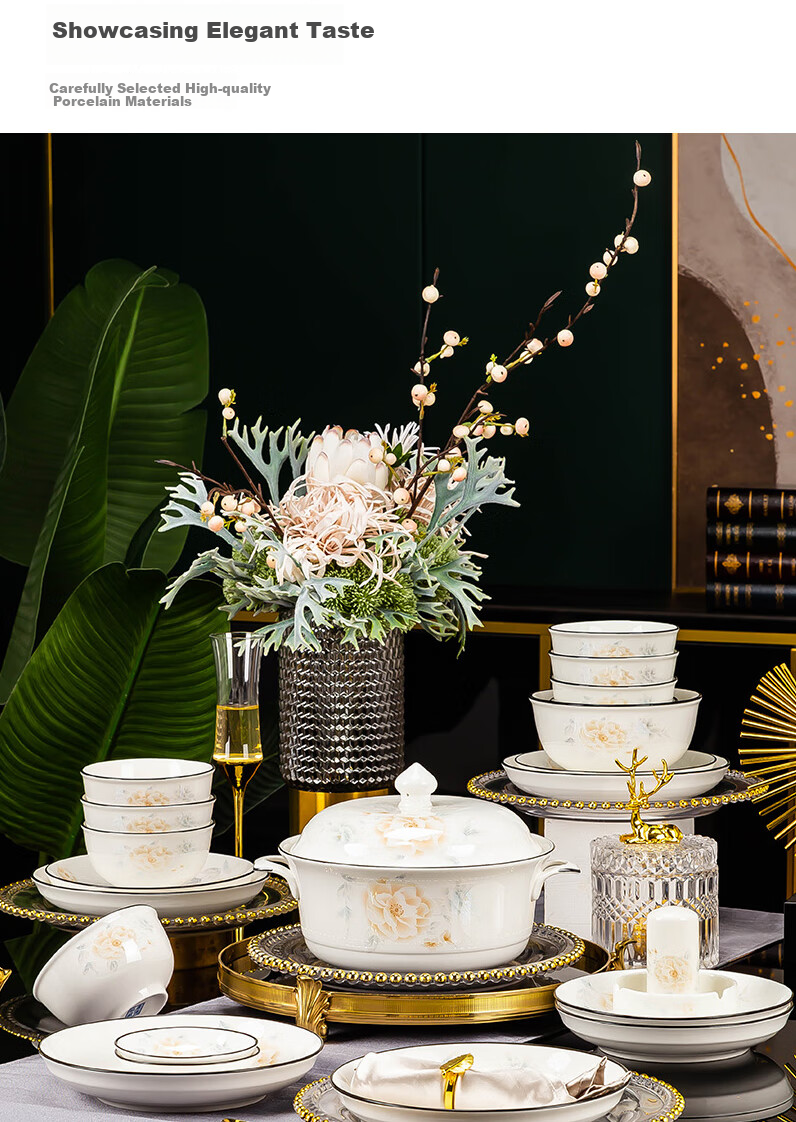 Haoya 78-Piece Bowl And Plate Set, Chinese Jingdezhen Tableware Set, Ceramic, Housewarming Gift, Golden Branches And Jade Leaves, Wealthy Stew Pot 2