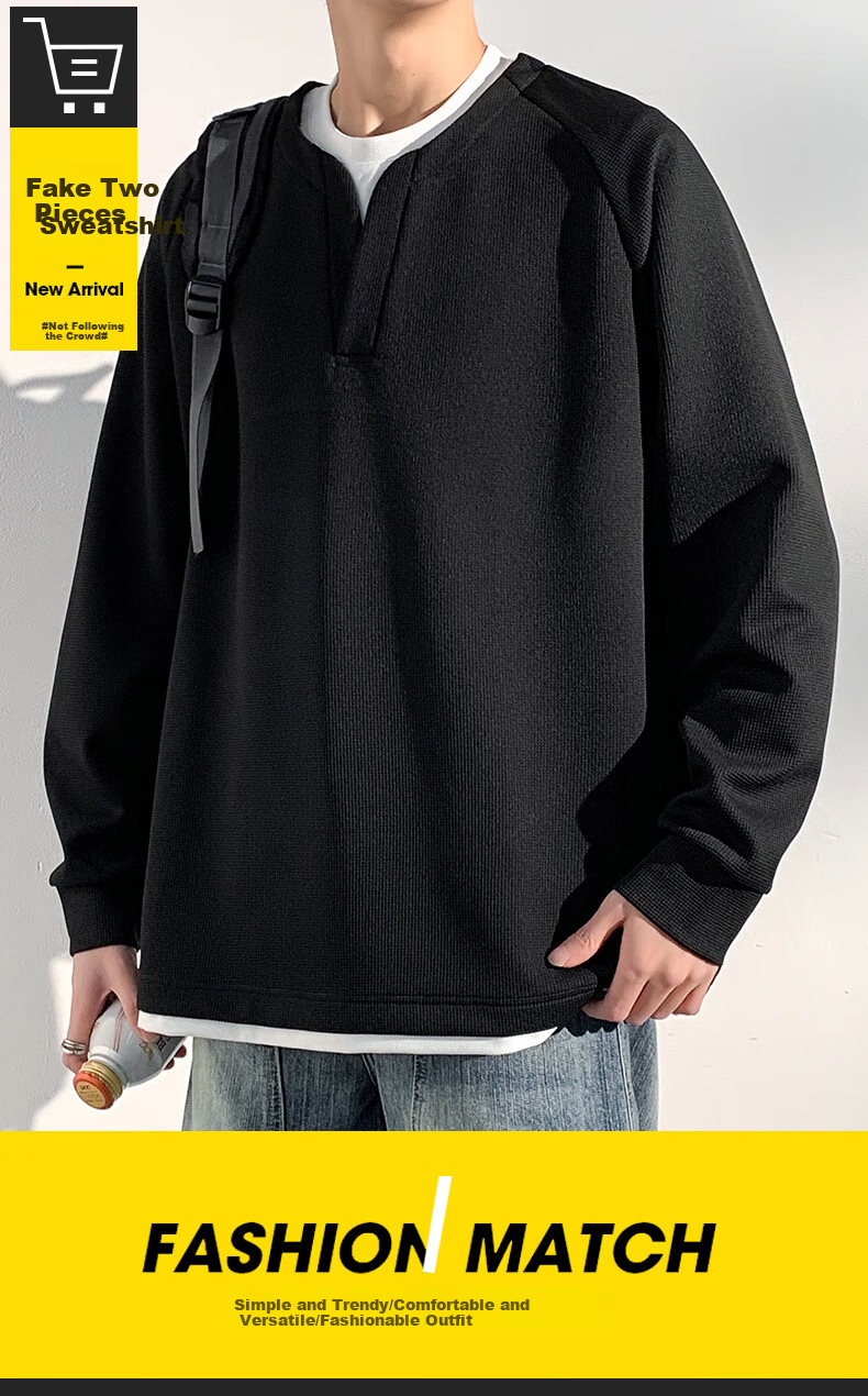 Foss Phil Men's Sweatshirt, Spring And Autumn Korean Style Patchwork Versatile Fake Two-Piece Casual Inner Layer Base Top, 2504 Black XL 1