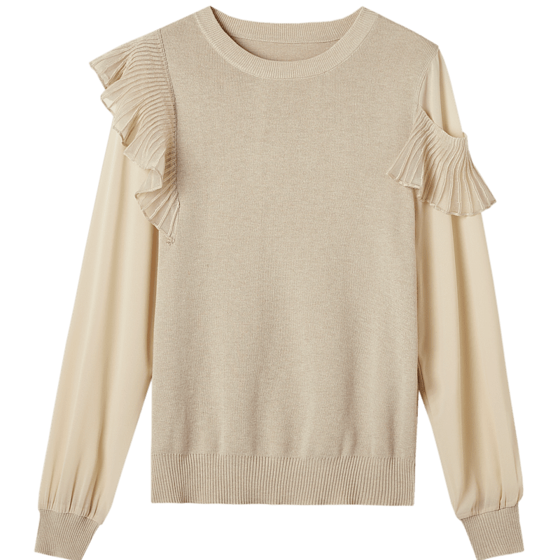 Dme Noblewoman Slim Velvet Yarn Sweater Spring Autumn Light Mature Style Asymmetric Ruffle Round Neck Long Sleeve Knit Top for Women