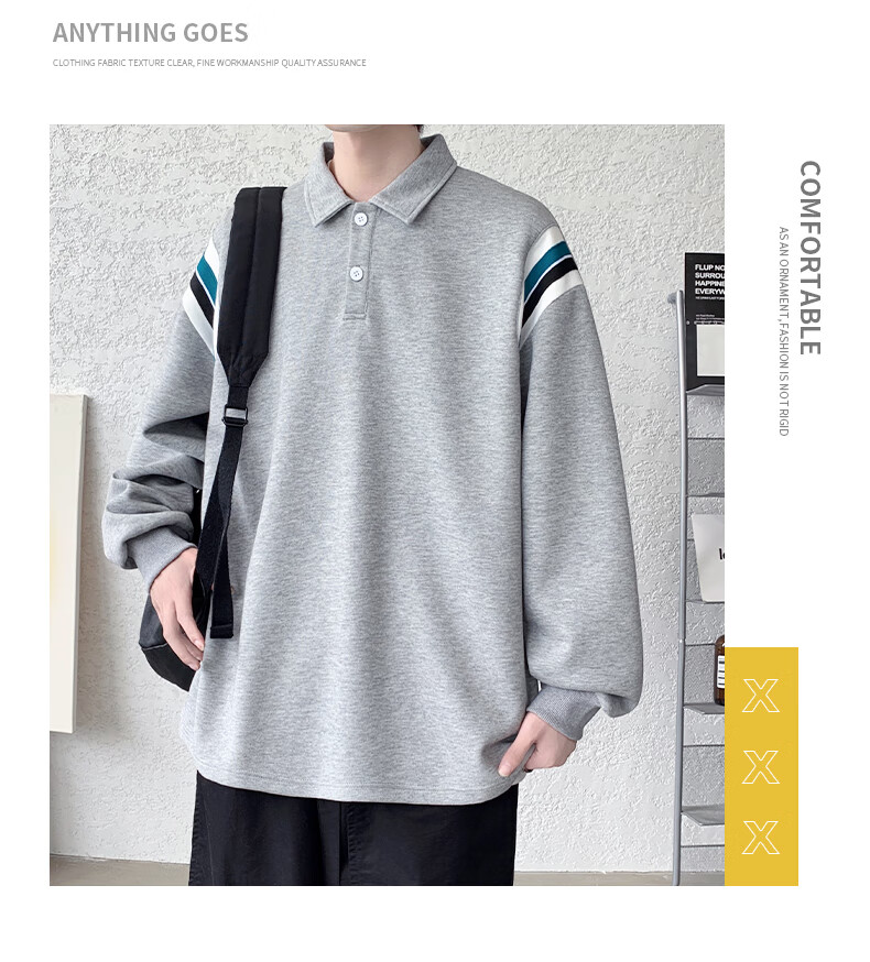 IZEXX Lapel Casual Men's Sweatshirt, Autumn Loose Long-Sleeve POLO Shirt, Versatile Trendy Top, XP13 Flax Gray, Size M 6