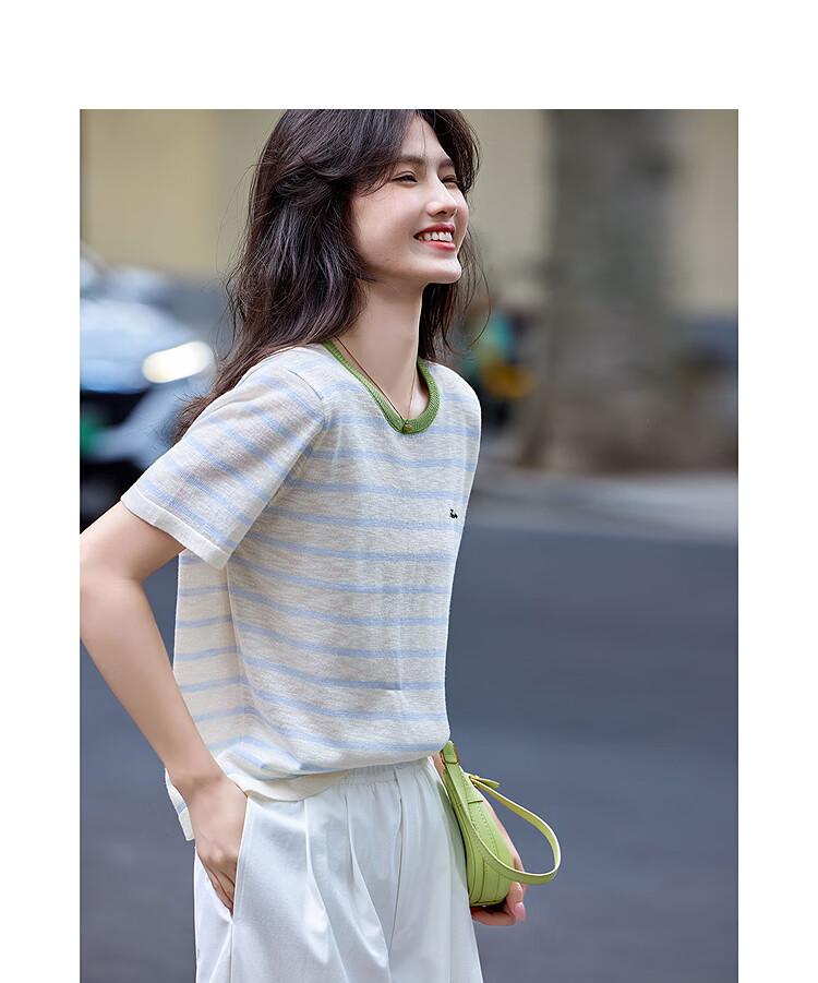 Awakening Paradise 26 Summer Korean Slim Fit Slimming Round Neck T-Shirt Top Short Sleeve Knitwear Blue Striped One Size 11