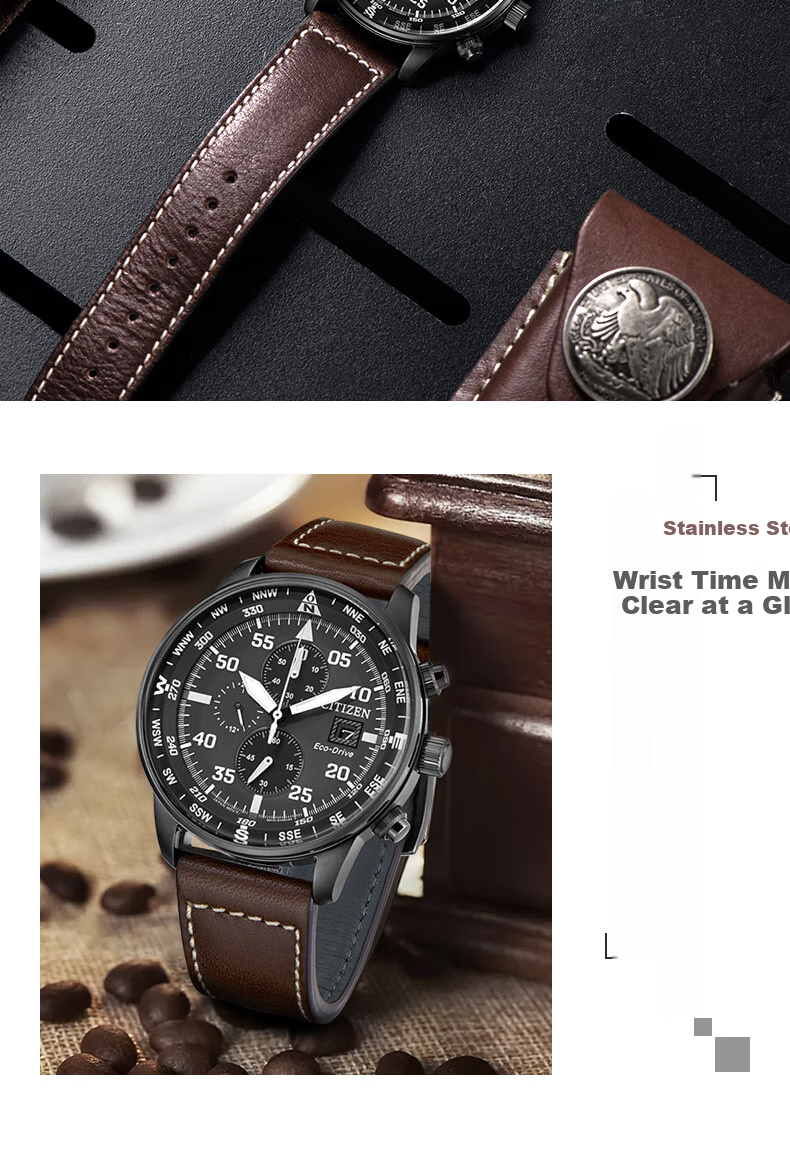 CITIZEN Watch for Men, Japanese And Korean Style, Eco-Drive, Three-Dial Black Face, Date Display, Leather Strap, Business Gift for Boyfriend, CA0695-17E 5