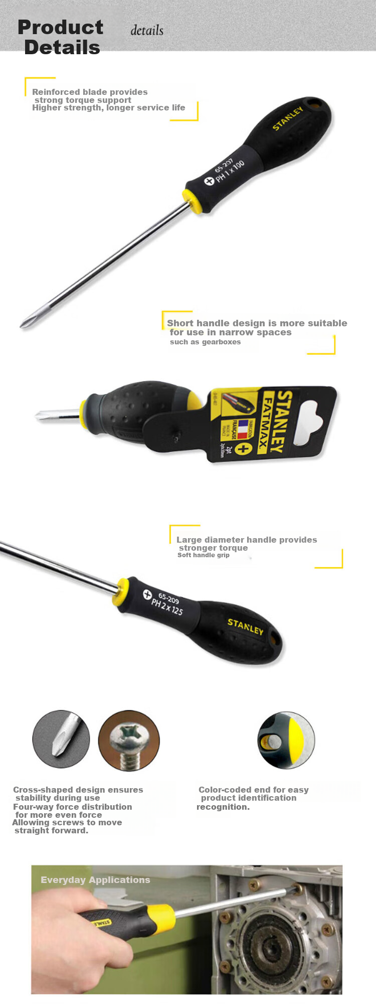 STANLEY Household Screwdriver Set, Phillips And Flathead with Three Colors of Handles, Industrial Grade Screwdriver, Small Phillips Head PH1X100, Phillips 65-207 2