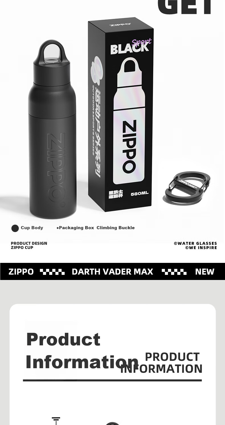 ZIPPO Insulated Mug, Large Capacity, Stainless Steel, Portable, Car-Friendly Water Bottle, Stylish Design, with Lid, Instant Open Cup for Couples, Gift 13
