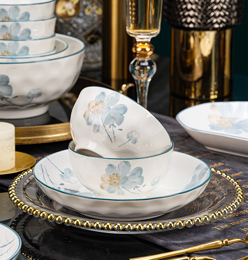 KANGQIN Underglaze Color Dinnerware Set for Home Use, 2025 New Stylish Ceramic Bowls, Plates, Chopsticks And Tableware Set, Fragrant 15