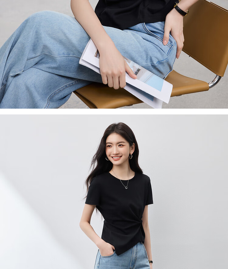 Shangdu Bila Slim Fit Slimming Pure Cotton T-Shirt Women Summer Design Irregular Short Sleeve Elegant Top Black S 18