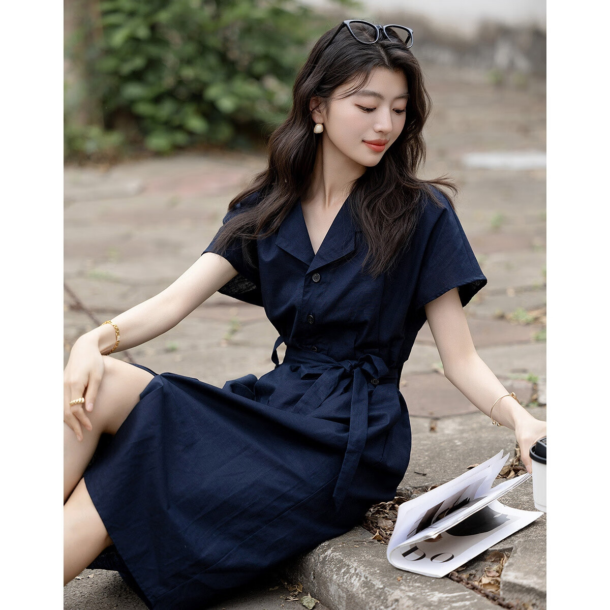 Dme [Smooth Linen Cotton Bamboo Blend] Summer Elegant Office Wear Lapel Tie Three-Button Short-Sleeve Women's Dress
