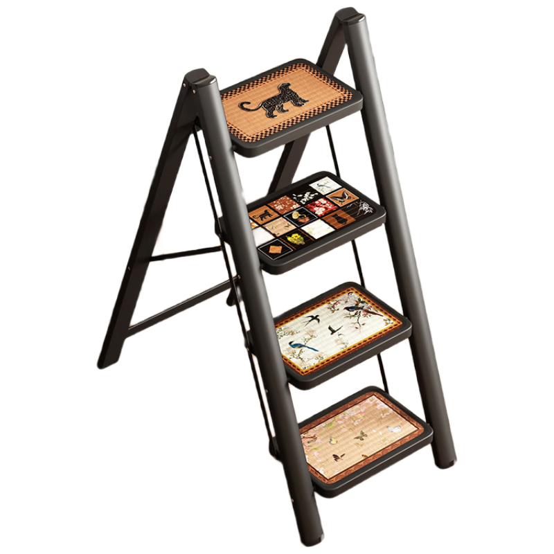 YuanNai Vintage Style Household Folding Telescopic Small Ladder Step Stool Portable Indoor Thickened Black Four-Step Ladder