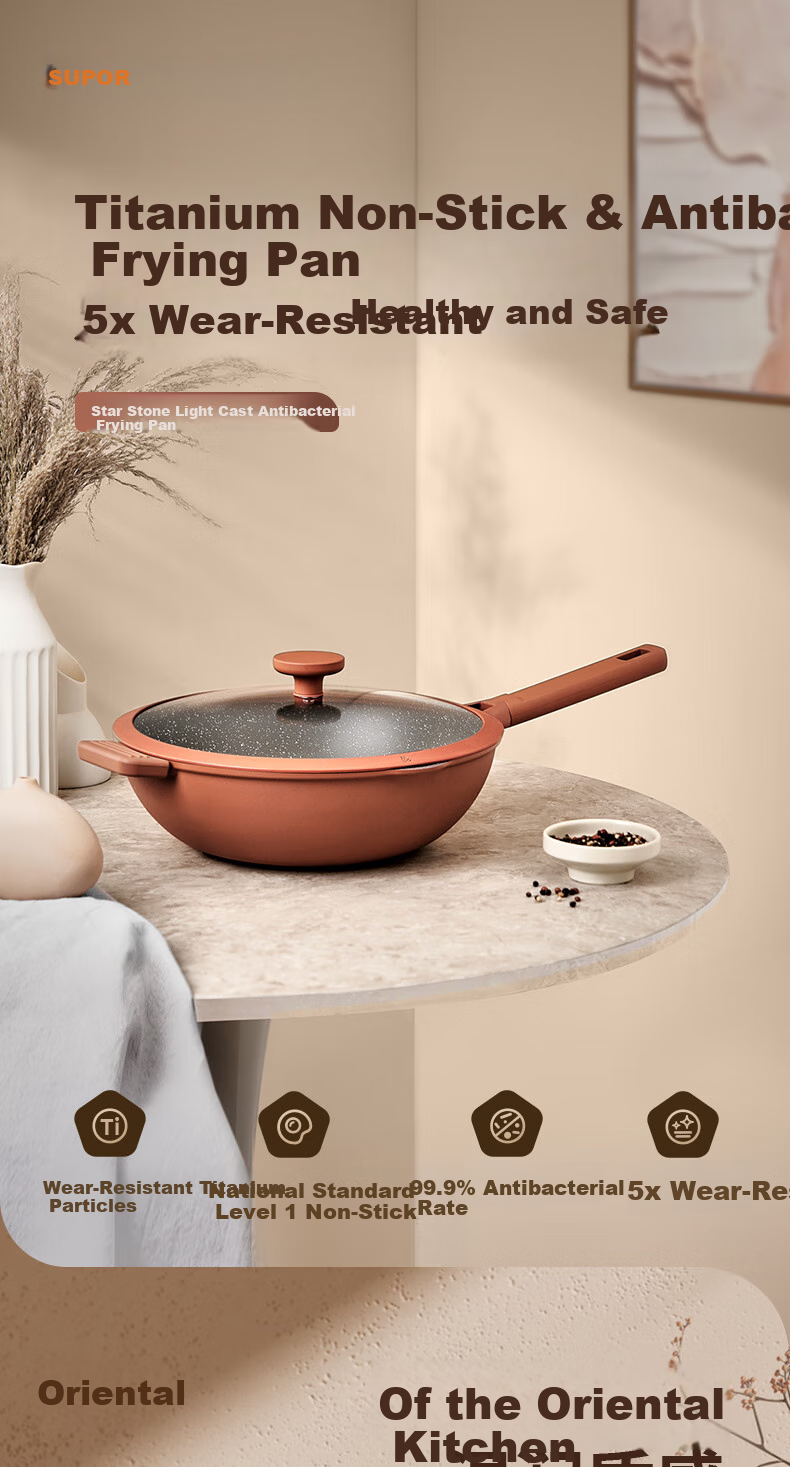 SUPOR Titanium Non-Stick Pan, Lightweight Cast, Wear-Resistant, Antibacterial, Low Smoke When Cooking, Suitable for Induction And Gas Stoves, EC28AKJ01 1
