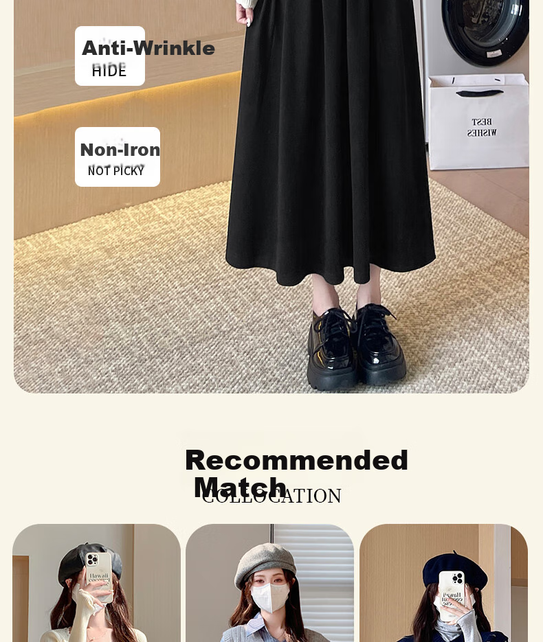 LangSha Women's Woolen Feel Skirt 2026 Spring Autumn High Waist Loose Slim A-Line Mid-Length Skirt 9