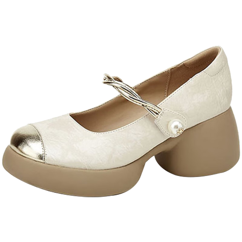Daphne Women's Chunky Heel Mary Jane Shoes Vintage Height Increasing Comfortable Round Toe Casual Versatile Work Flats Beige Size 36